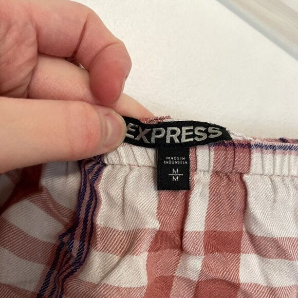 EXPRESS Plaid Off the Shoulder Blouse White Mauve Rose Pink Short Sleeve Summer - Picture 5 of 12
